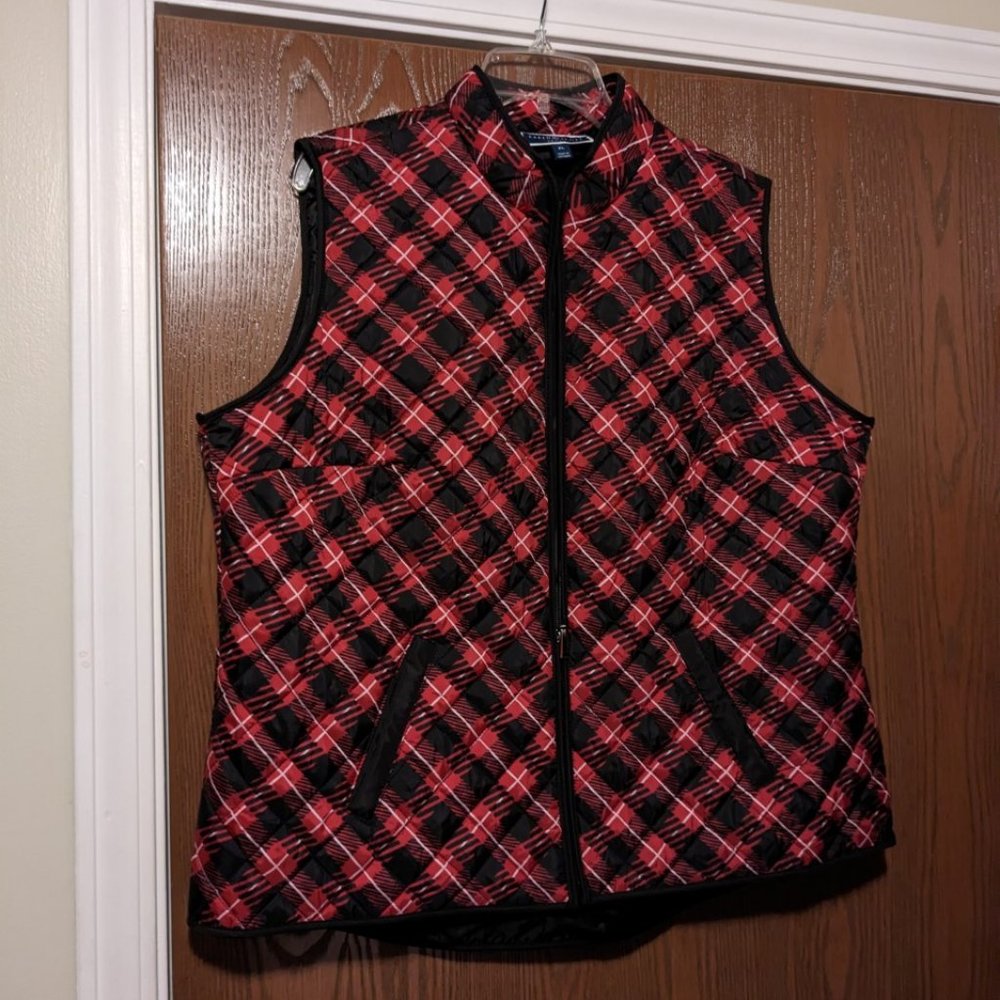Red white and black check vest